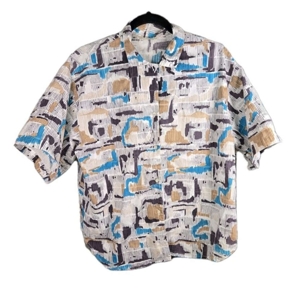 Vintage 80s Stuart‎ Lang Boxy Button Down Shirt Pocket Cotton Blue 14 Crop Retro